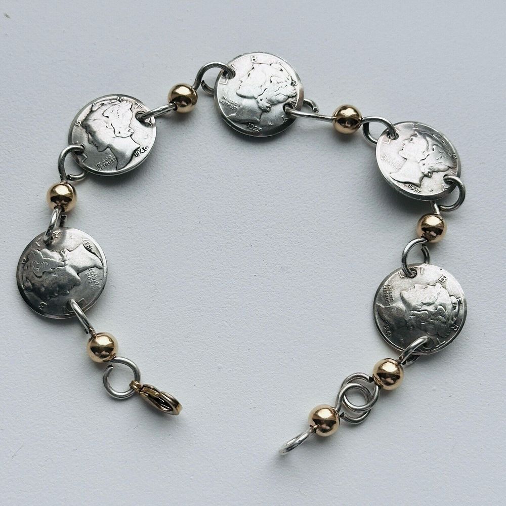 VTG Link Bracelet Size 8 US Mercury Dime 900 Coin Silver Yellow Gold Beads 17.7g
